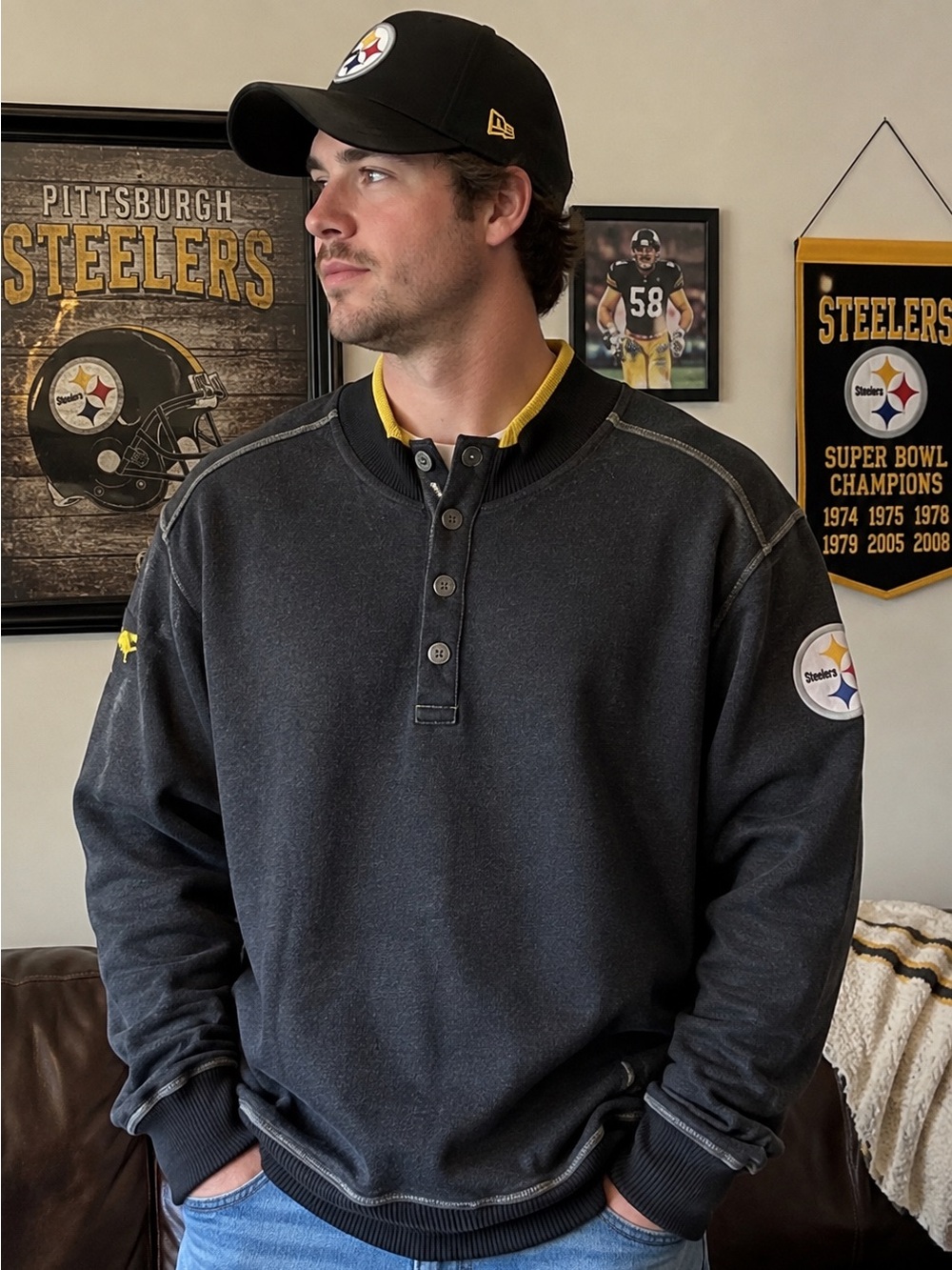 Tommy Bahama Pittsburgh Steelers Mens L Gray NFL Football Pullover 100% Cotton
